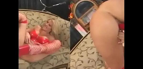  Hot blonde in red stockings Brooke Haven eats his load off plate after good fucking